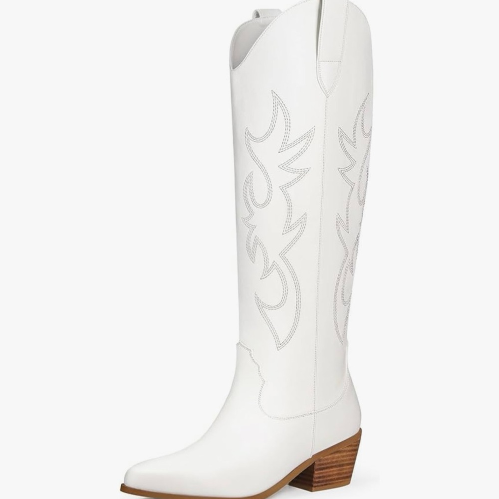 White Women's Heeled Cowboy Boots - Classic Western Knee-High